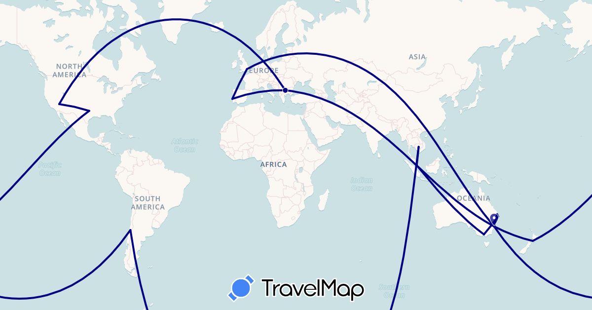 TravelMap itinerary: driving in Australia, Bulgaria, Chile, United Kingdom, Cambodia, New Zealand, Portugal, Singapore, United States (Asia, Europe, North America, Oceania, South America)